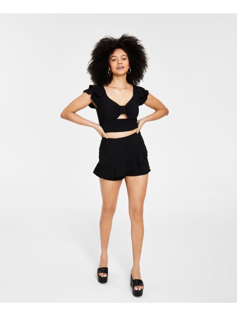 Bar III Womens Sweetheart Neckline Ruffled-Sleeve Crop Top Deep Black Size 4 NWT